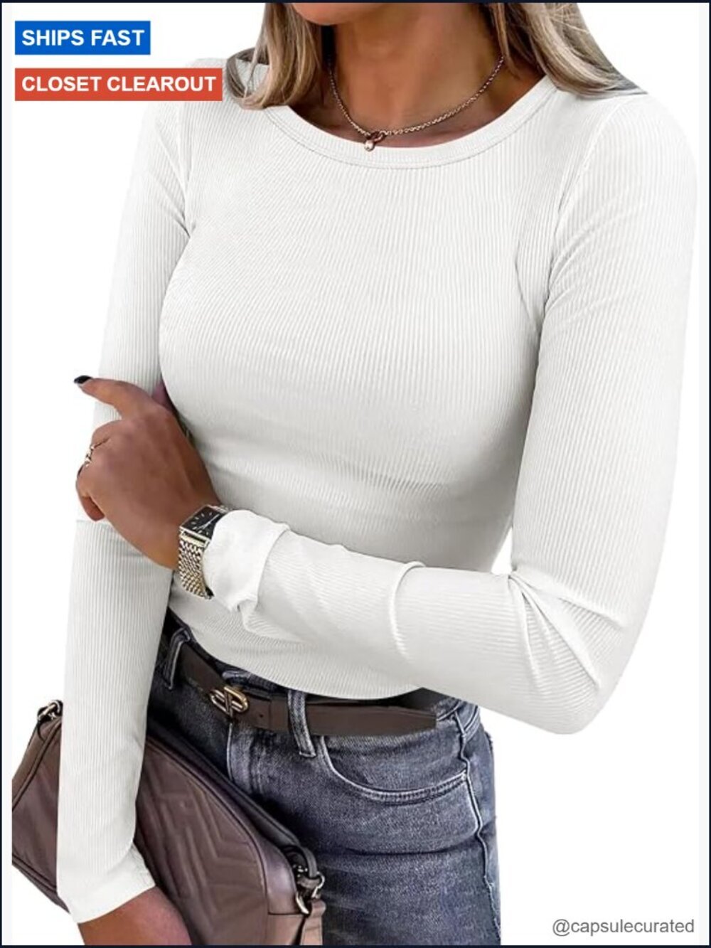Long Sleeve Ribbed Knit Tee Slim Fit Crewneck Stretch Top Casual Basic Shirt